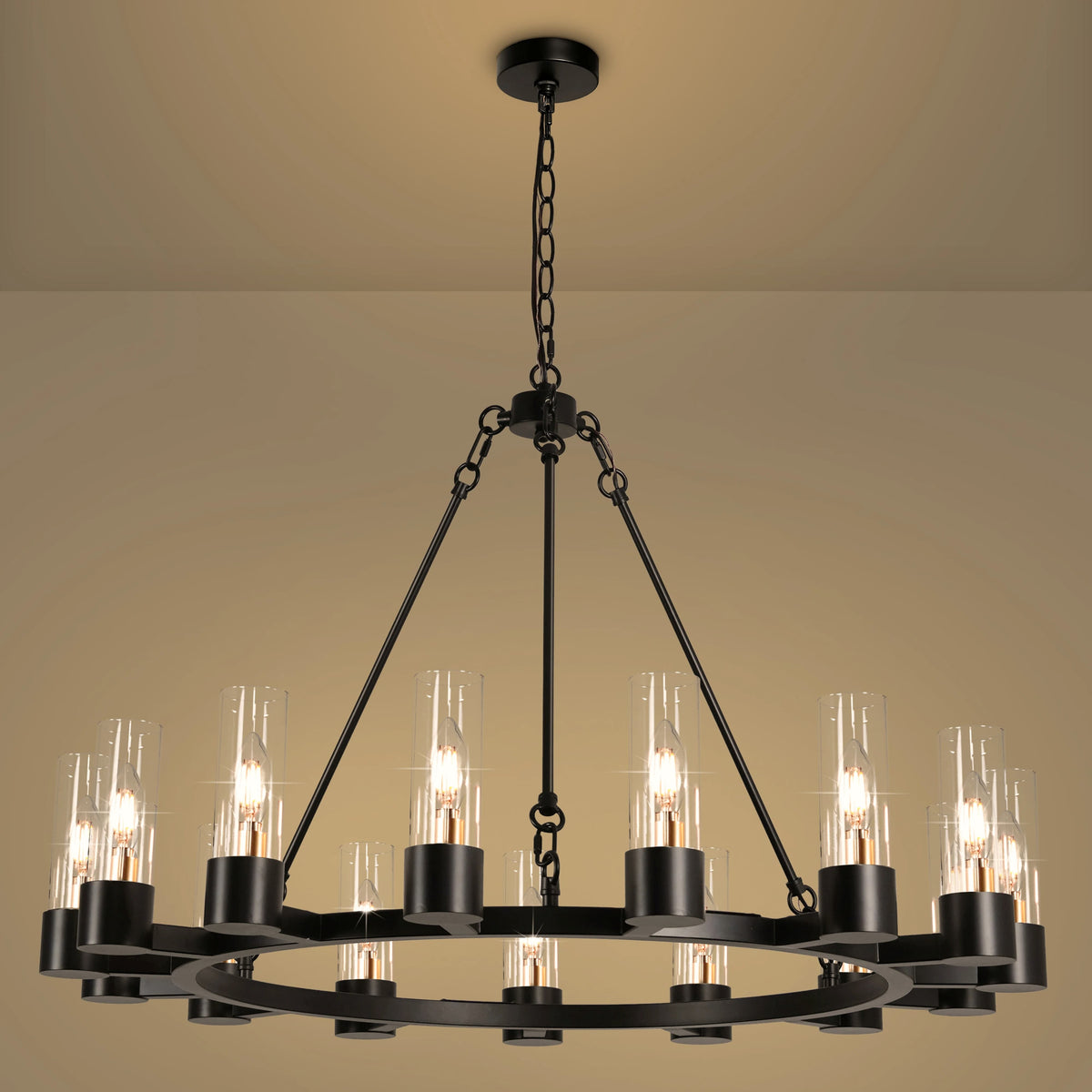 Raven - Black Wagon Wheel Chandelier with Glass Shades