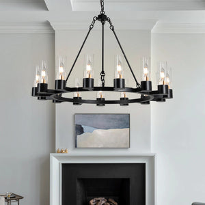 Raven - Black Wagon Wheel Chandelier with Glass Shades