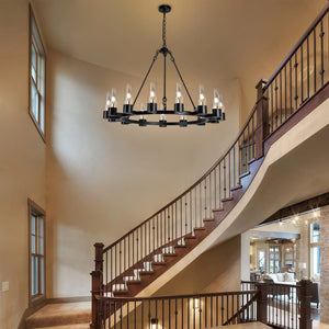 Raven - Black Wagon Wheel Chandelier with Glass Shades