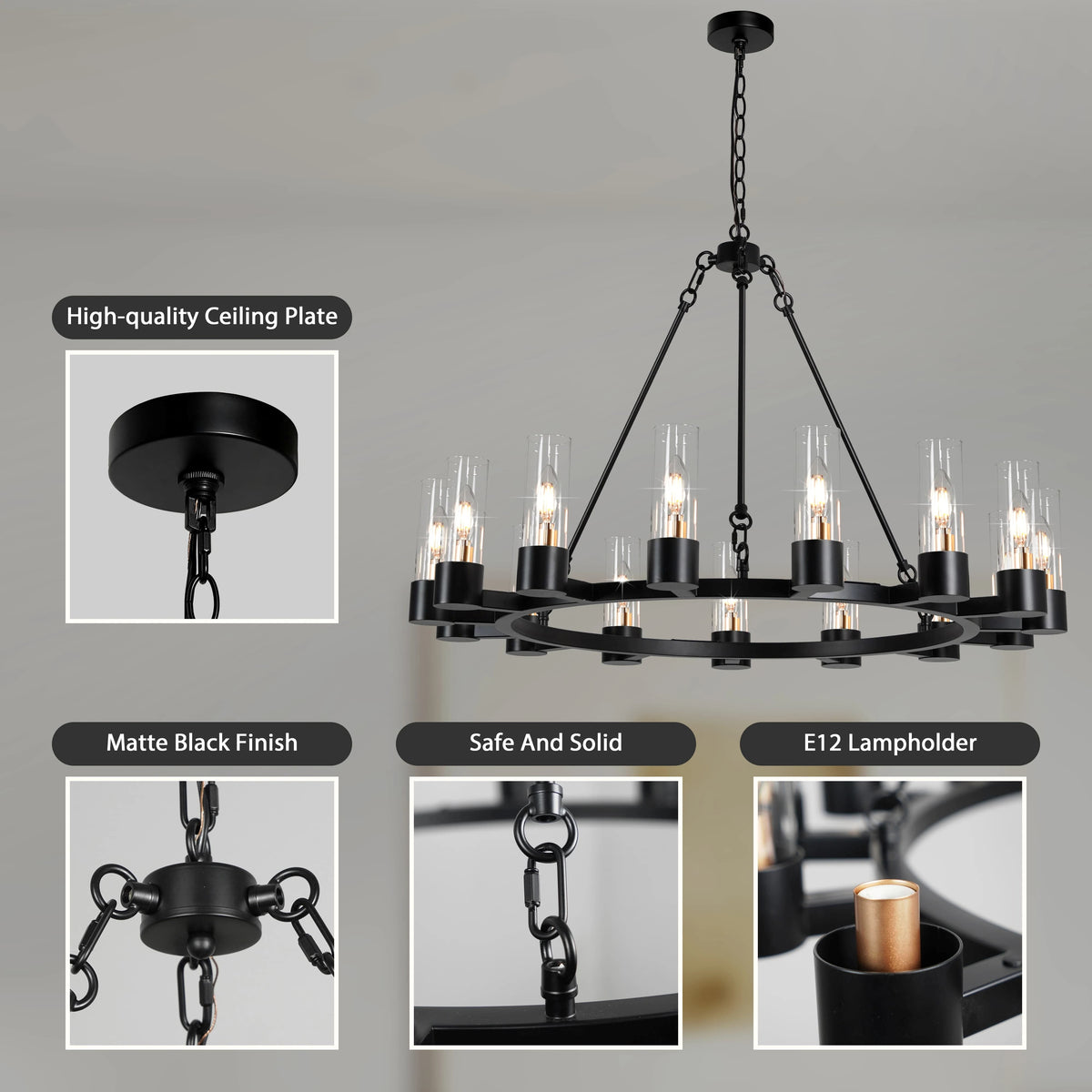 Raven - Black Wagon Wheel Chandelier with Glass Shades