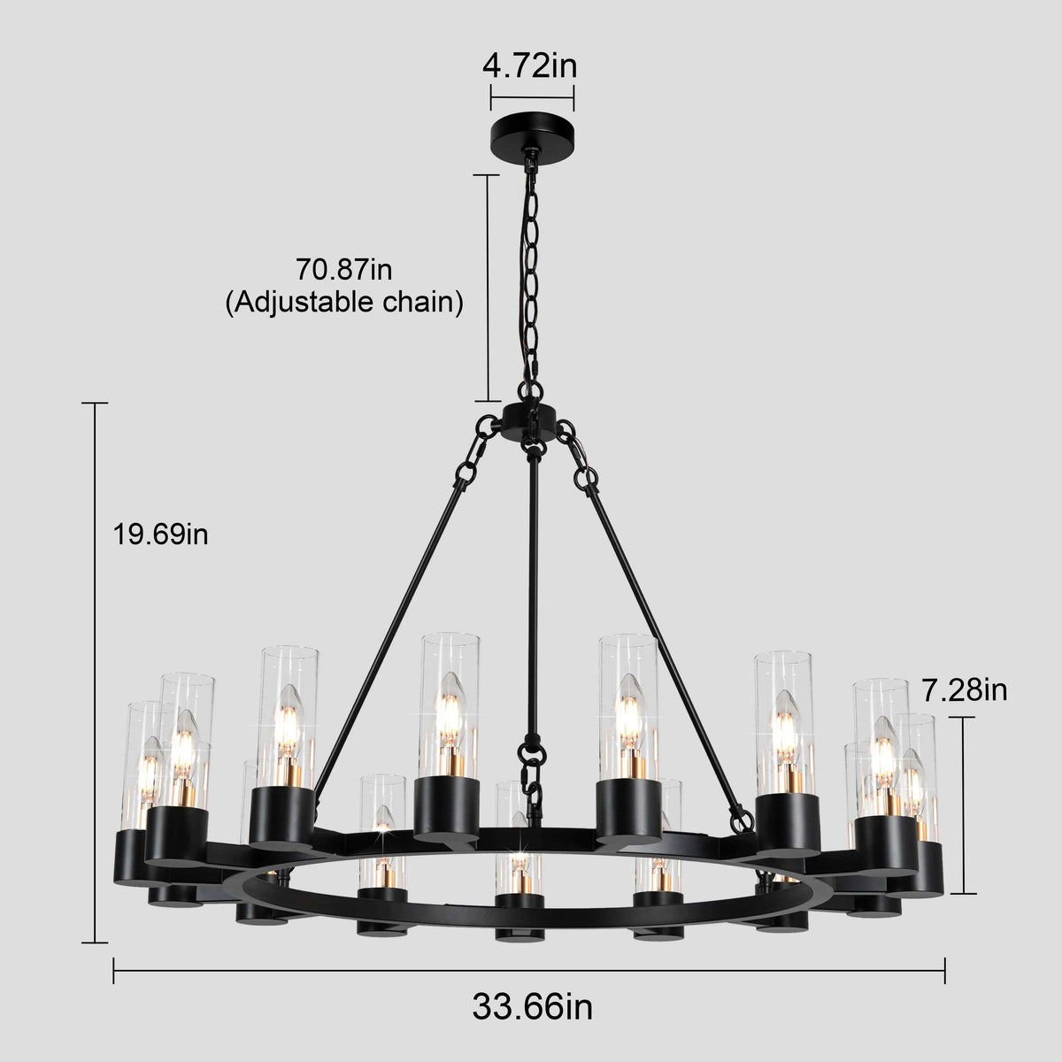 Raven - Black Wagon Wheel Chandelier with Glass Shades