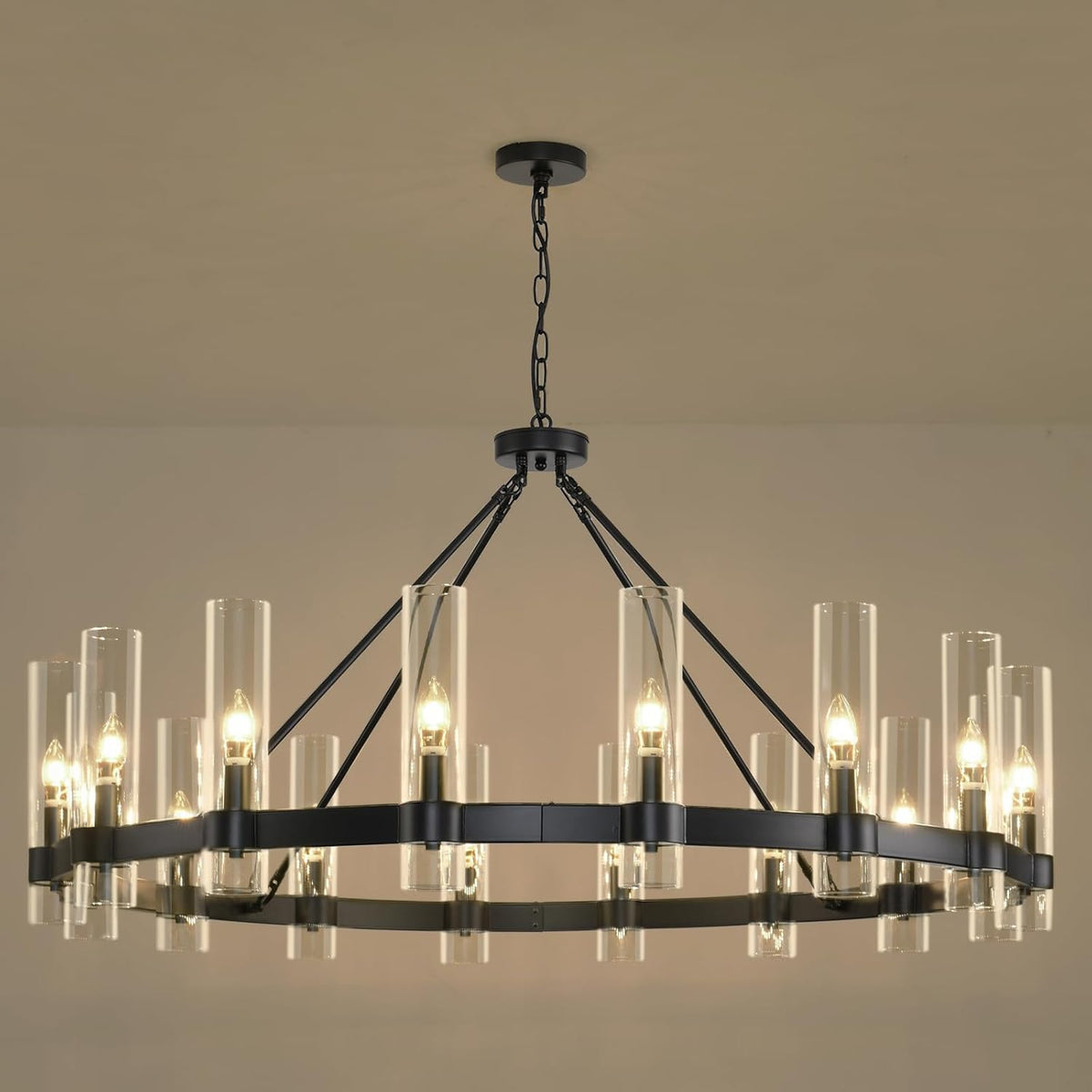 Raven - Black Wagon Wheel Chandelier with Glass Shades