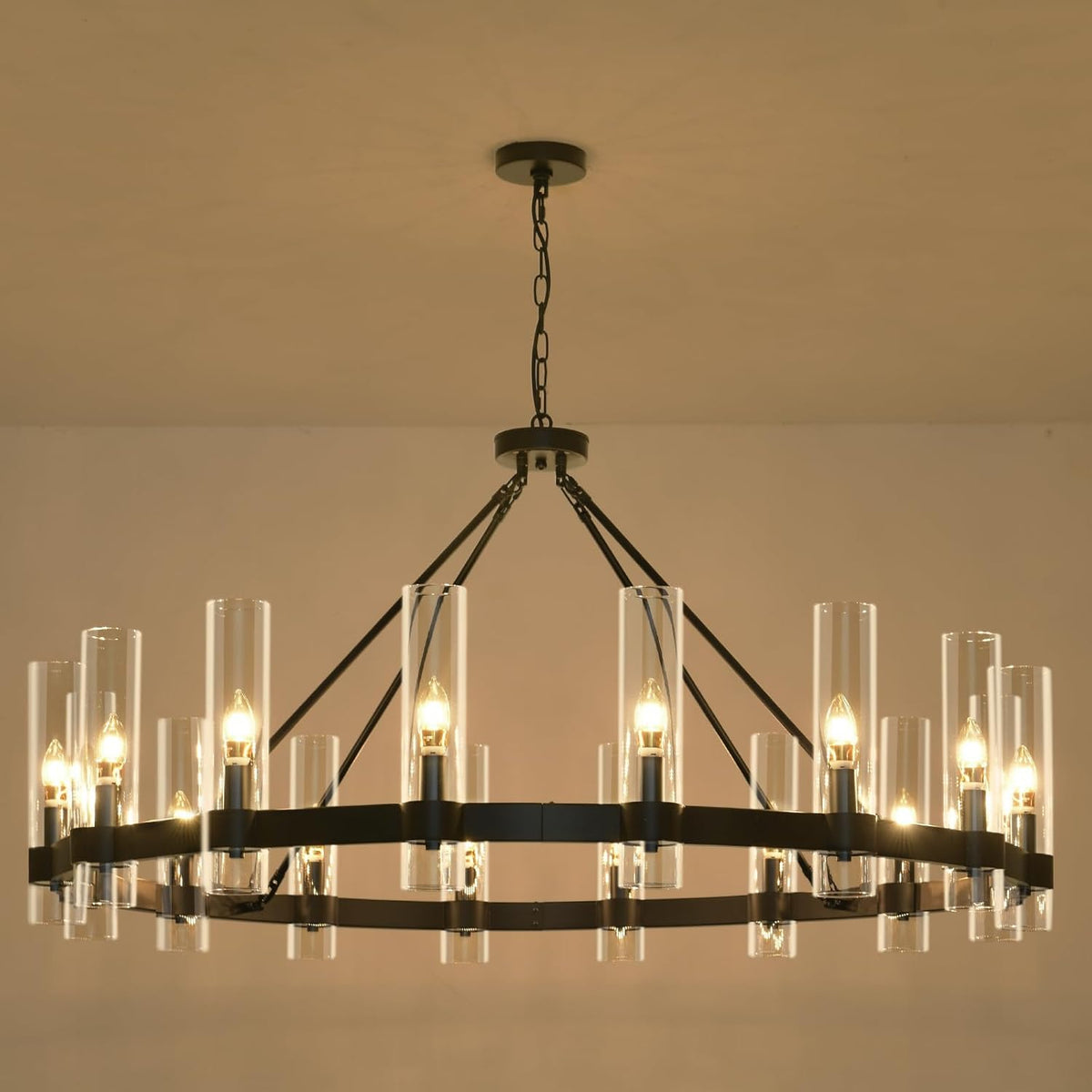 Raven - Black Wagon Wheel Chandelier with Glass Shades