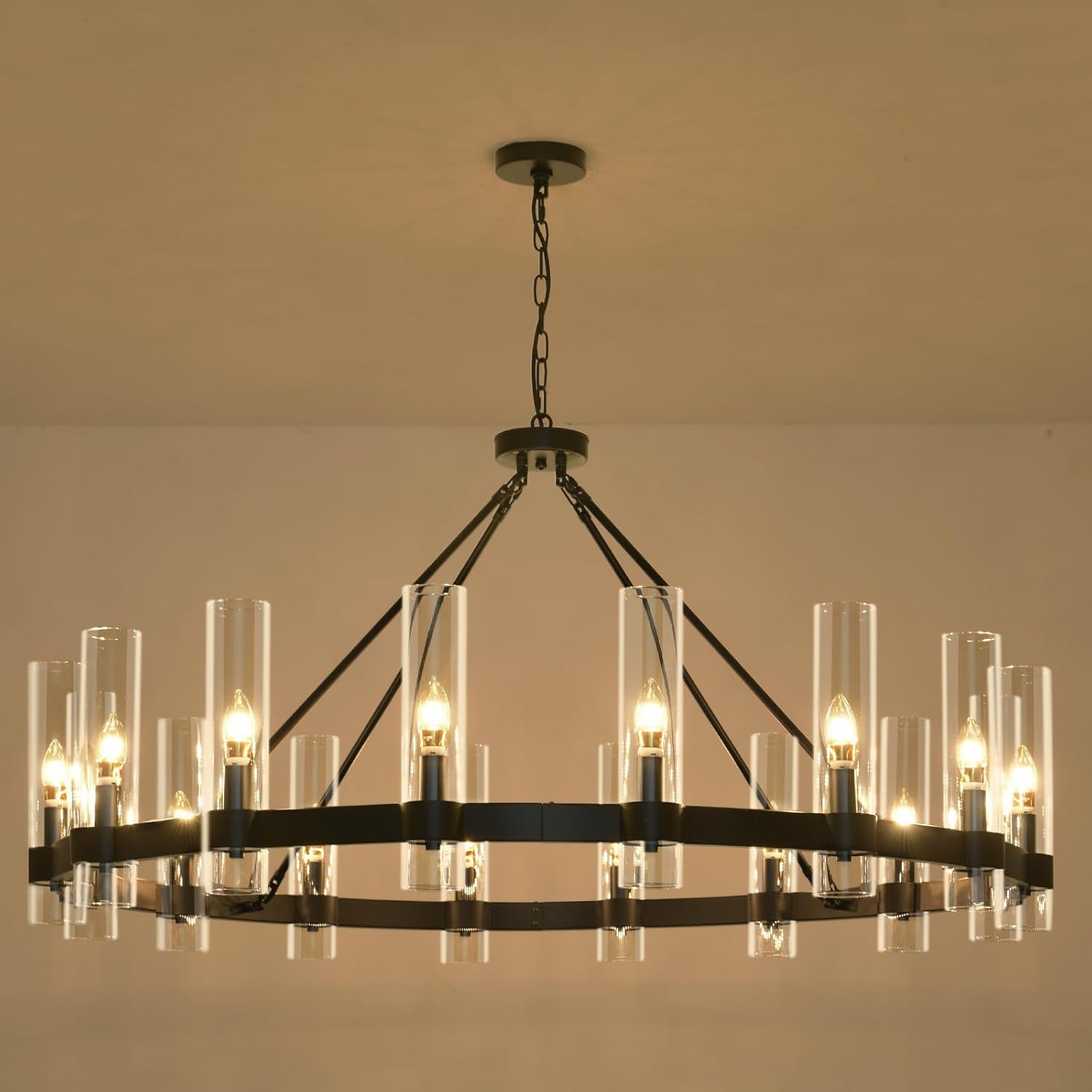 Raven - Black Wagon Wheel Chandelier with Glass Shades