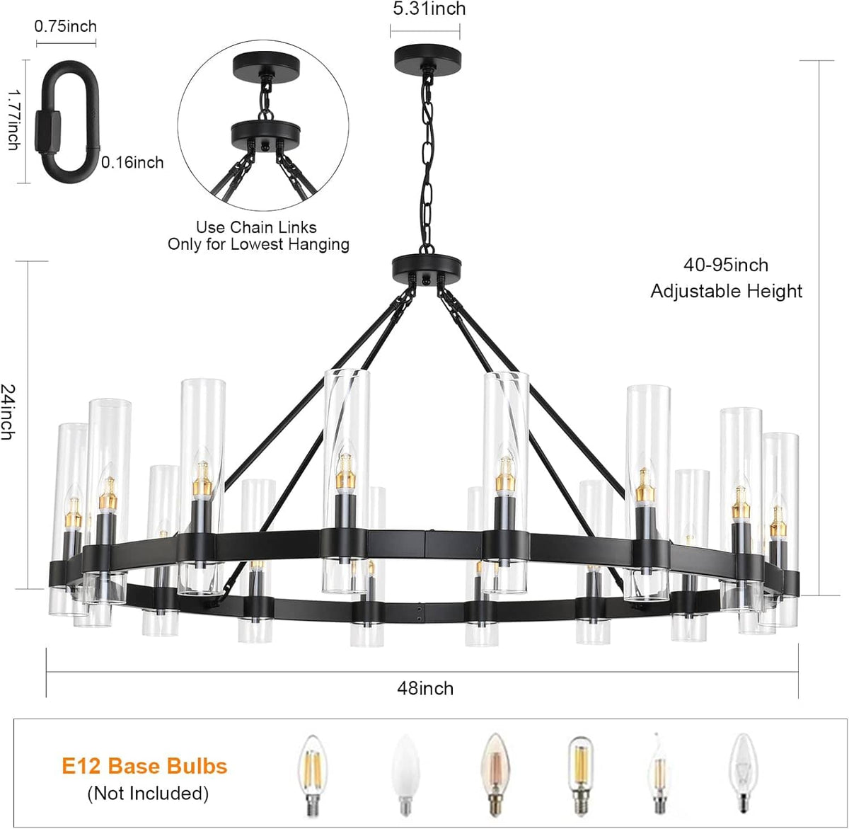 Raven - Black Wagon Wheel Chandelier with Glass Shades
