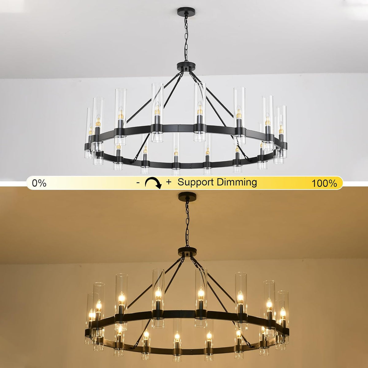 Raven - Black Wagon Wheel Chandelier with Glass Shades