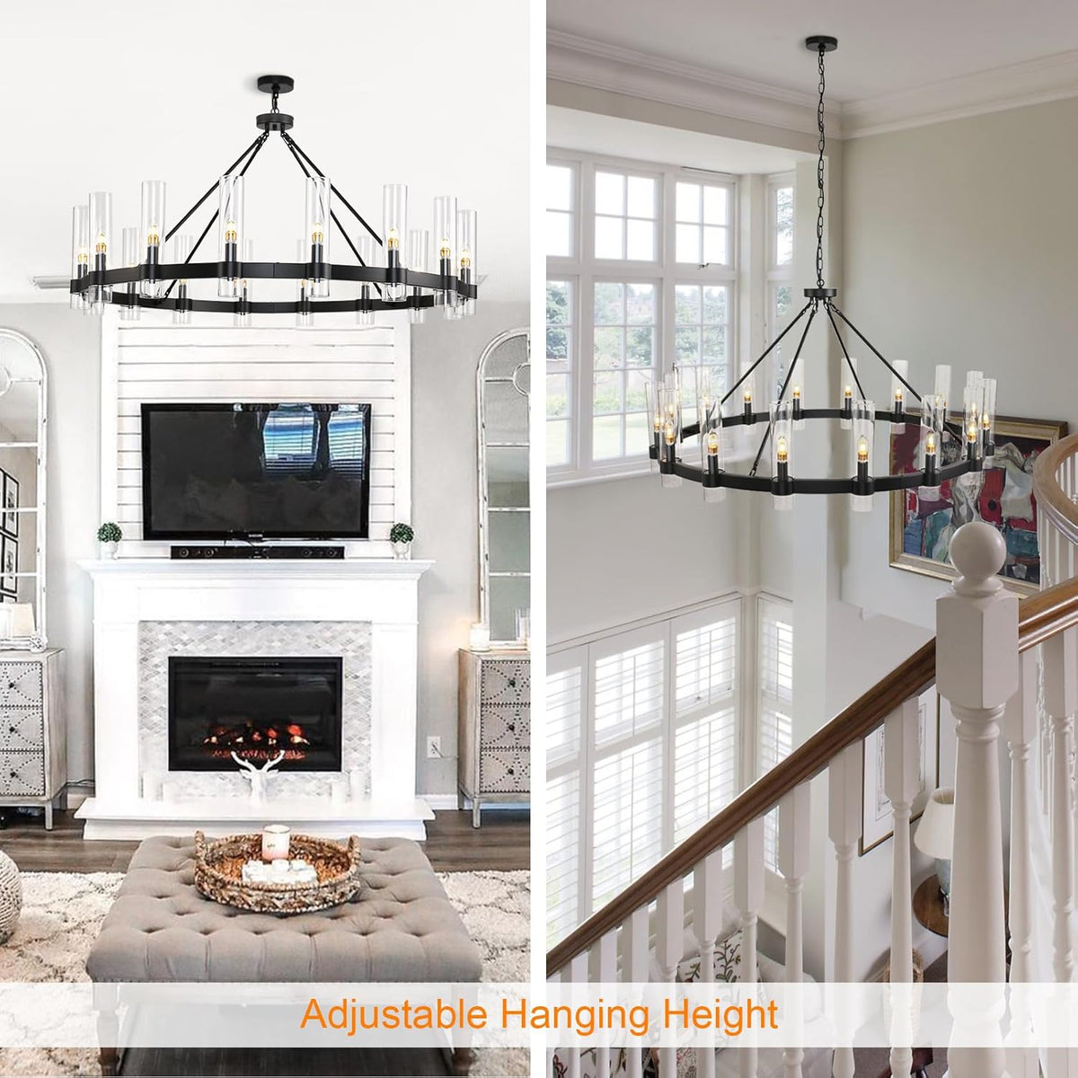 Raven - Black Wagon Wheel Chandelier with Glass Shades