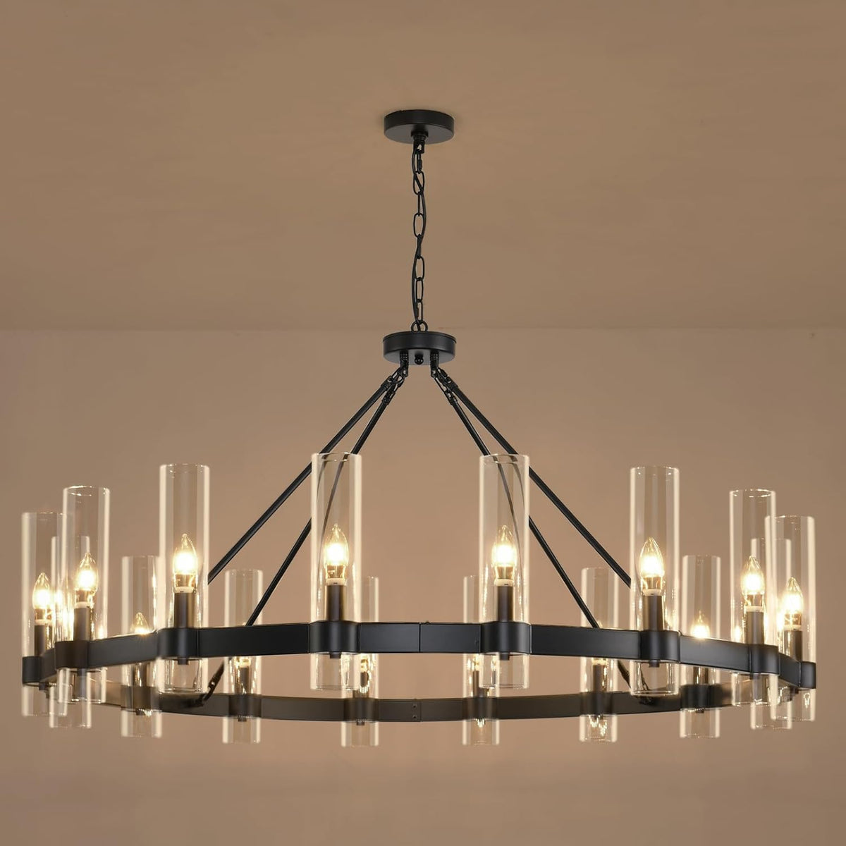 Raven - Black Wagon Wheel Chandelier with Glass Shades