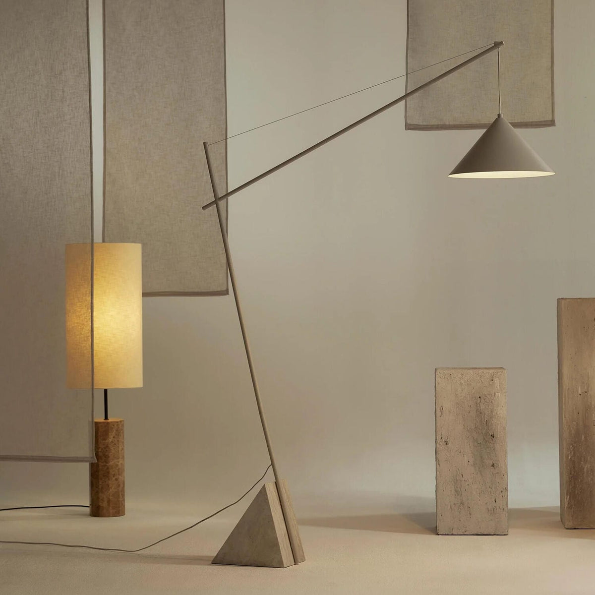 Reyna Reading Lamp with Travertine Base, Light Beige