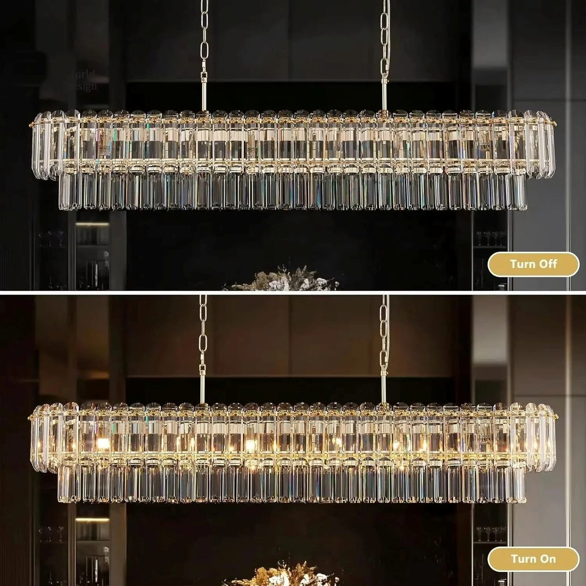 A rectangular crystal chandelier shown in two stacked panels, labeled Turn Off and Turn On, demonstrating the light behavior. The chandelier features a gold-toned metal frame with clear glass cylindrical prisms that glow warm yellow when illuminated.