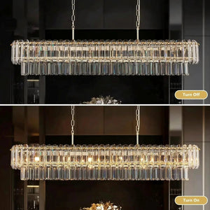 A rectangular crystal chandelier shown in two stacked panels, labeled Turn Off and Turn On, demonstrating the light behavior. The chandelier features a gold-toned metal frame with clear glass cylindrical prisms that glow warm yellow when illuminated.
