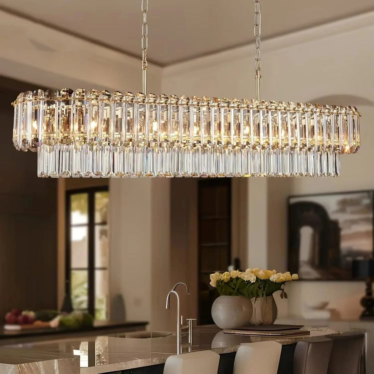Chandelier hanging above a dining table with a blurred background