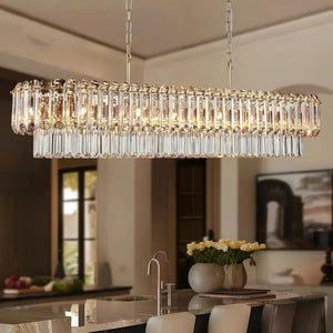 Chandelier hanging above a dining table with a blurred background