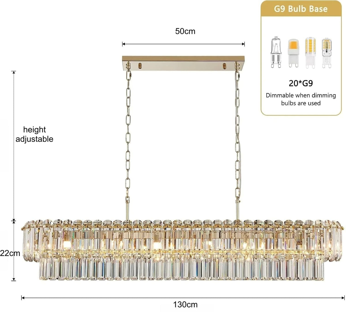 Chandelier with dimensions and bulb information on a white background