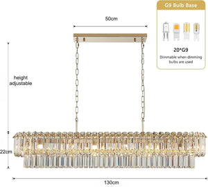 Chandelier with dimensions and bulb information on a white background