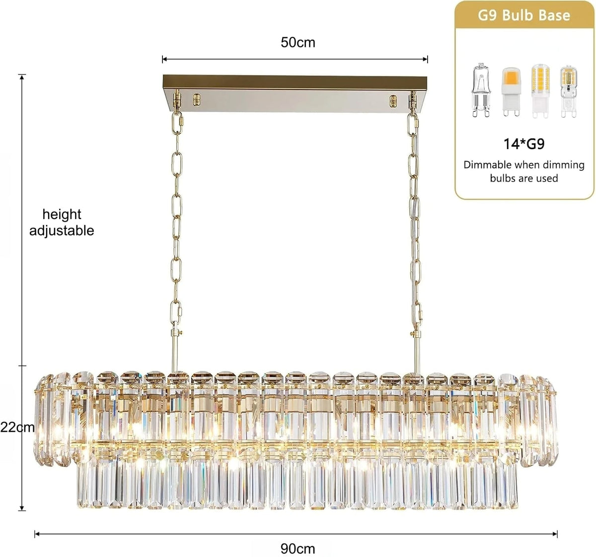 Chandelier with dimensions and bulb information on a white background