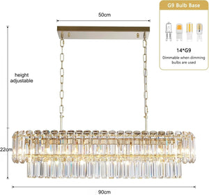 Chandelier with dimensions and bulb information on a white background
