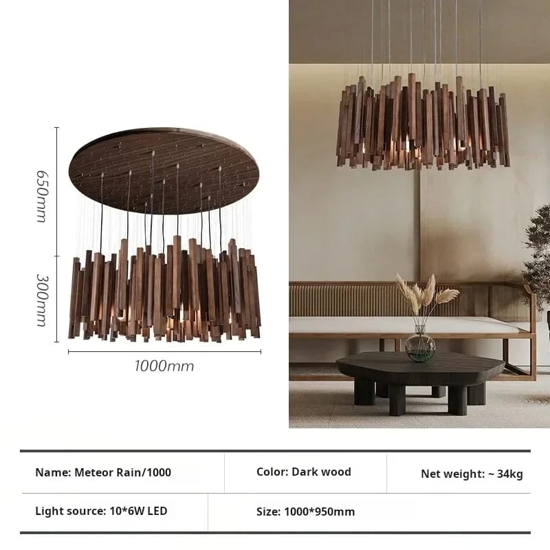 Dark wood pendant light with dimensions and product details on a white background