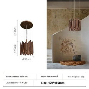 Dark wood pendant light with measurements and product details on a white background