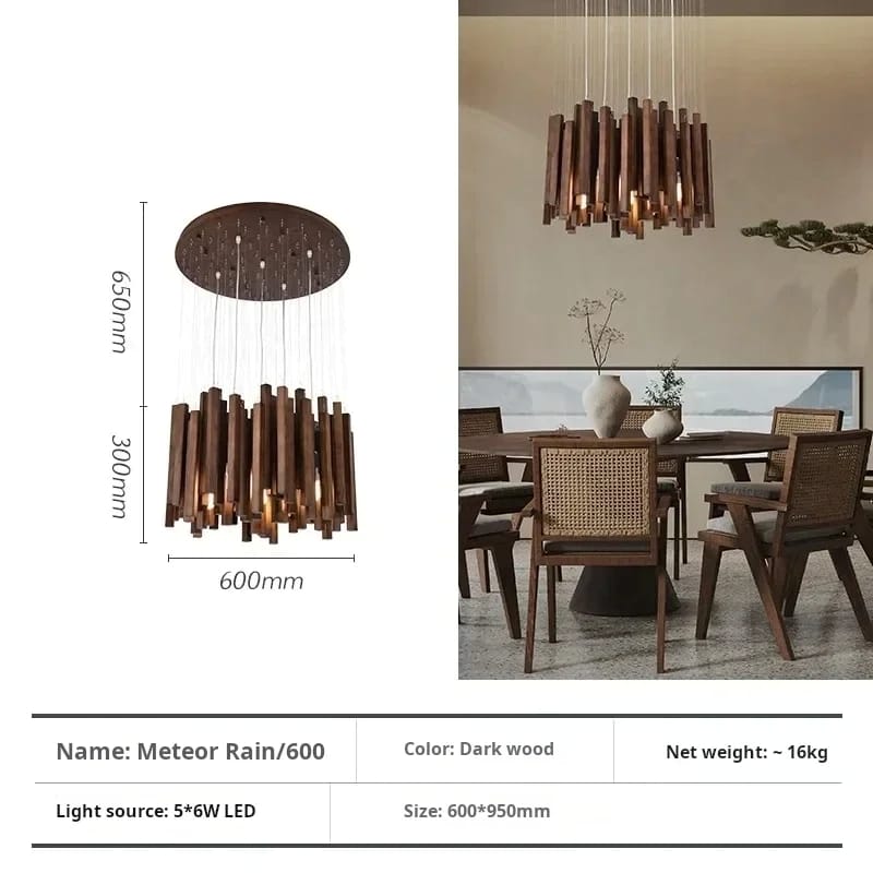 Wooden pendant light with dimensions and product details on a white background