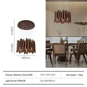 Wooden pendant light with dimensions and product details on a white background