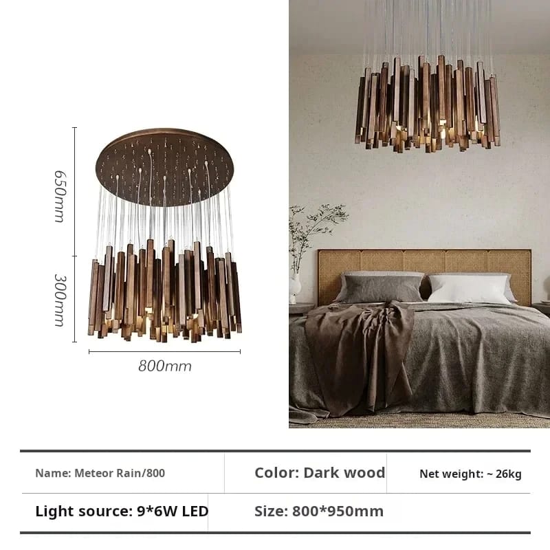 Chandelier with dimensions and product details displayed on a bedroom background