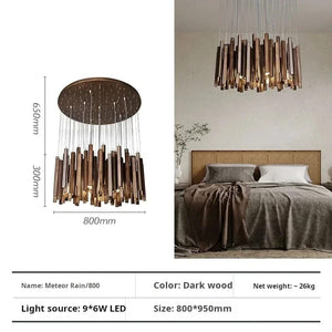 Chandelier with dimensions and product details displayed on a bedroom background