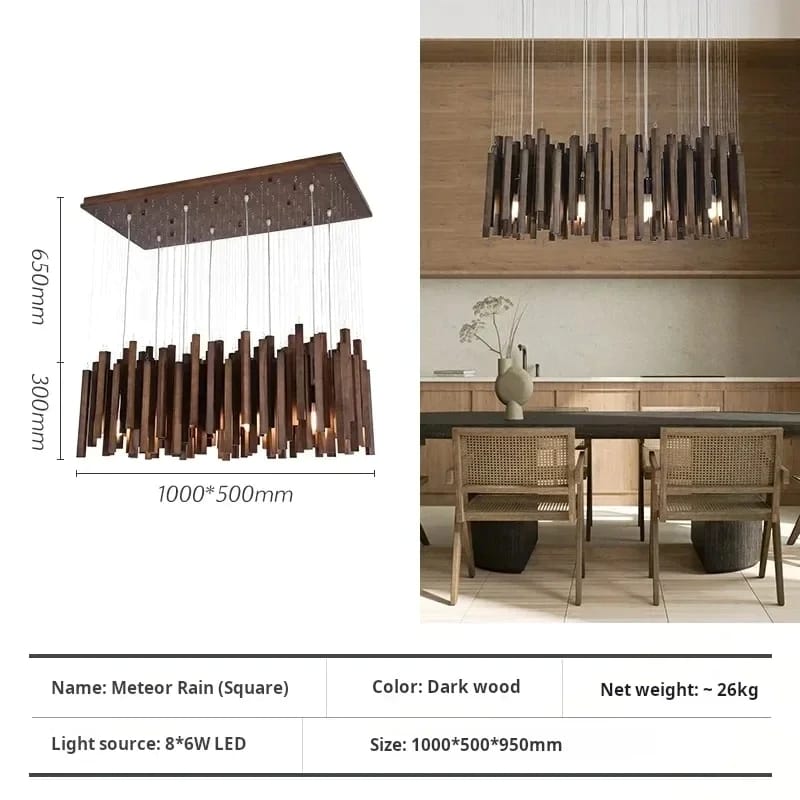 Modern pendant light with dimensions and product details on a white background