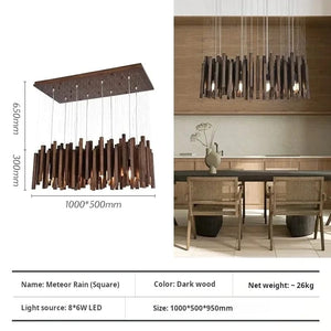 Modern pendant light with dimensions and product details on a white background