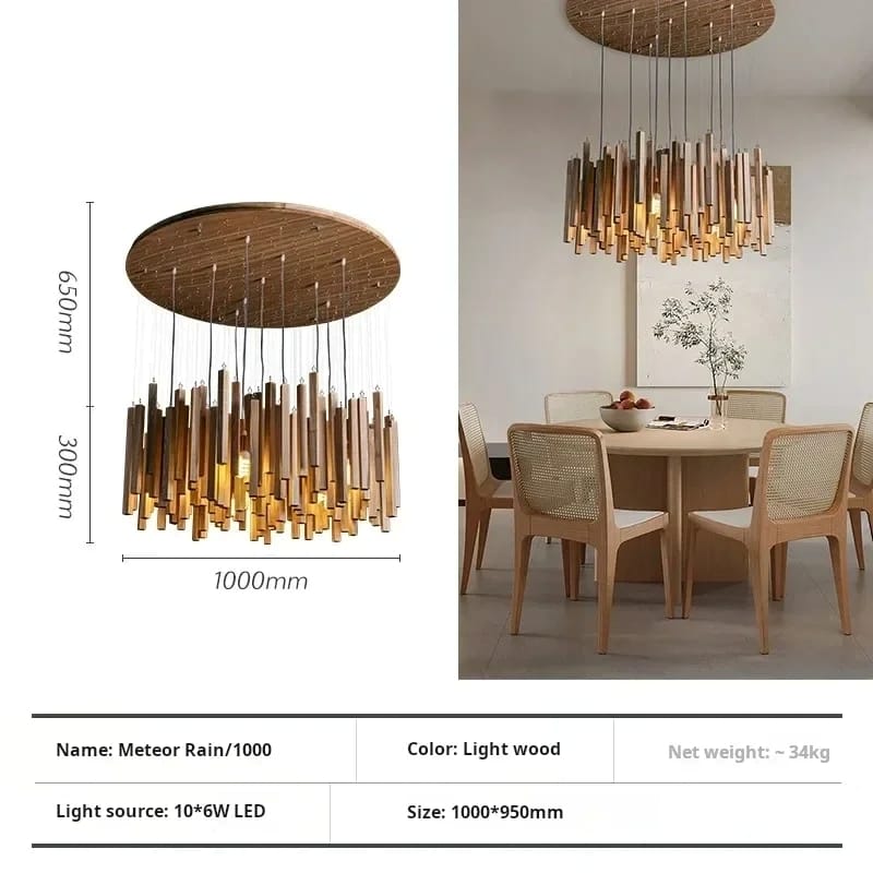 A composite product listing image for a hanging chandelier. Left side shows a dimension diagram of a round light-wood ceiling fixture with many vertical metallic rod elements, labeled 1000mm diameter, 650mm height, and 'Meteor Rain/1000'.