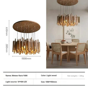 A composite product listing image for a hanging chandelier. Left side shows a dimension diagram of a round light-wood ceiling fixture with many vertical metallic rod elements, labeled 1000mm diameter, 650mm height, and 'Meteor Rain/1000'.