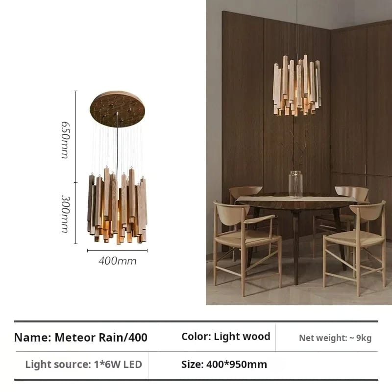 Dining room setting with a modern chandelier, table, and chairs, featuring product dimensions and details.