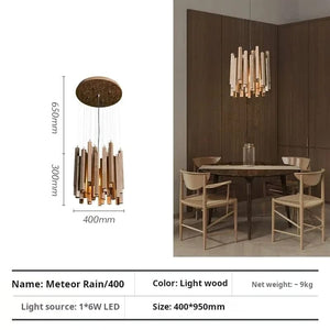Dining room setting with a modern chandelier, table, and chairs, featuring product dimensions and details.
