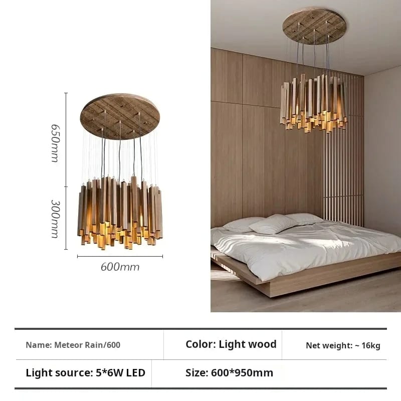 Modern pendant light fixture with dimensions and product details on a bedroom background