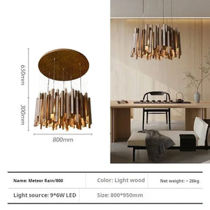 Product information graphic for a modern cylindrical chandelier. The left panel shows the lamp with dimension annotations: 650mm height, 300mm tube length, and 800mm diameter.