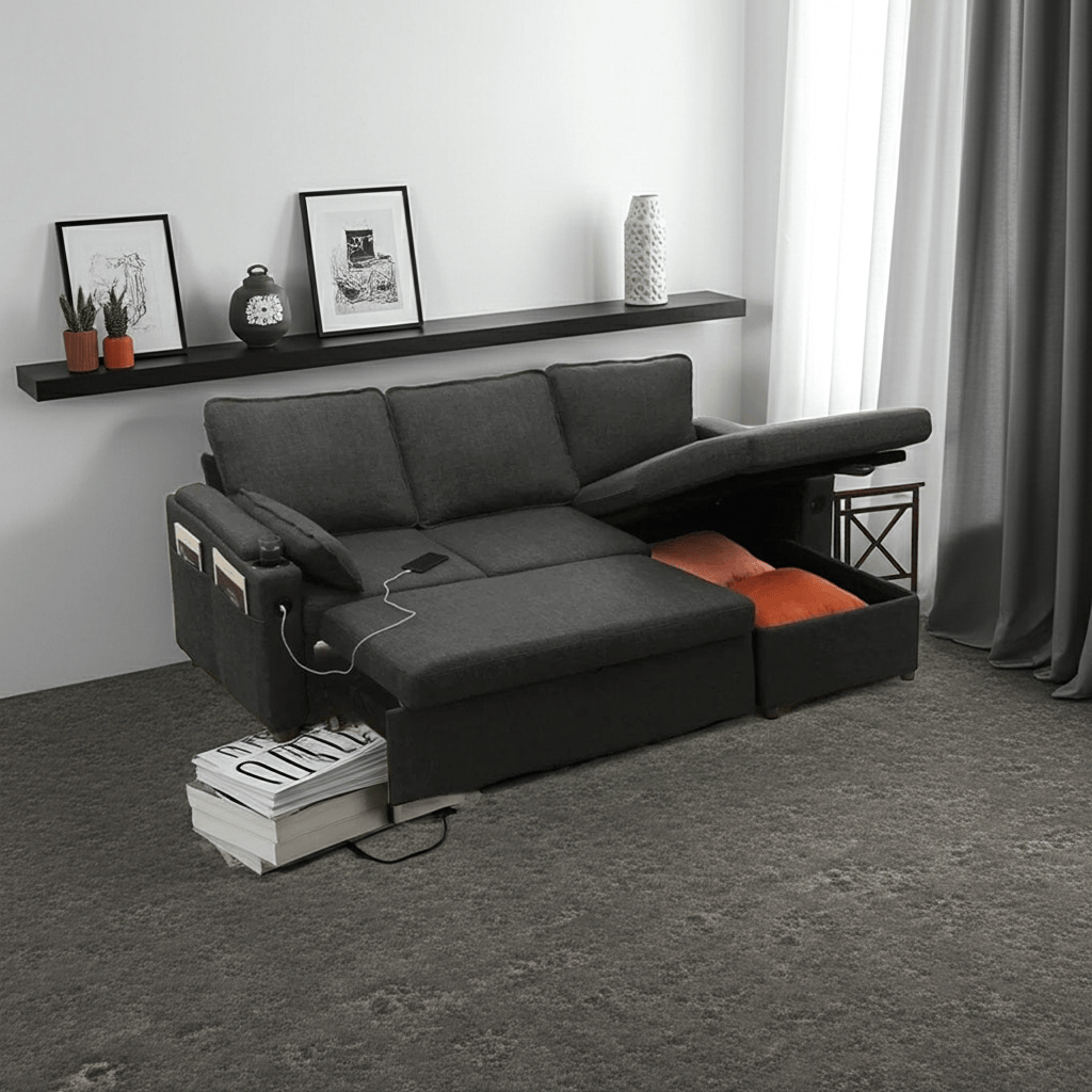 2-in-1 Sleeper Sofa Bed with Storage, USB & Cup Holder