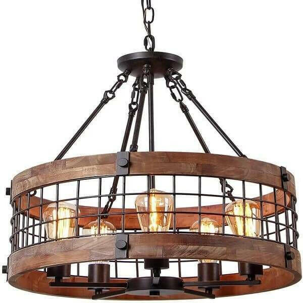 Ganeed - Round Wooden Chandelier Metal Pendant Five Lights Decorative | Bright & Plus.