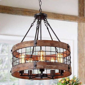 Ganeed - Round Wooden Chandelier Metal Pendant Five Lights Decorative | Bright & Plus.