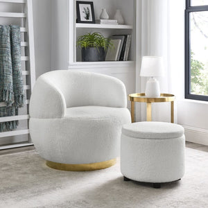 Teddy - Ivory Fabric Swivel Chair with Gold Base and Storage Ottoman