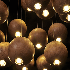 Wooden Orb Sphere Cluster Chandelier With LED Bulbs | Bright & Plus.